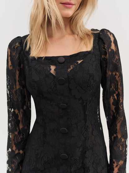 For Love and Lemons - Claudia Rose Lace Long Sleeve Mini Dress - Black