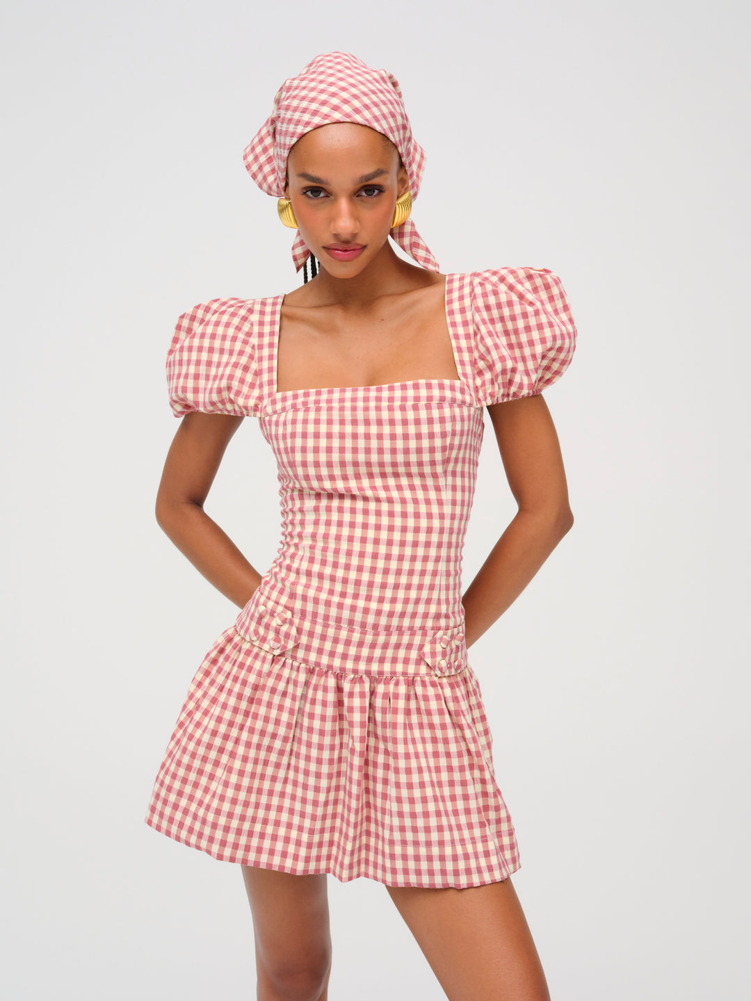 For Love and Lemons - Georgia Gingham Short Sleeve Mini Dress - Mauve