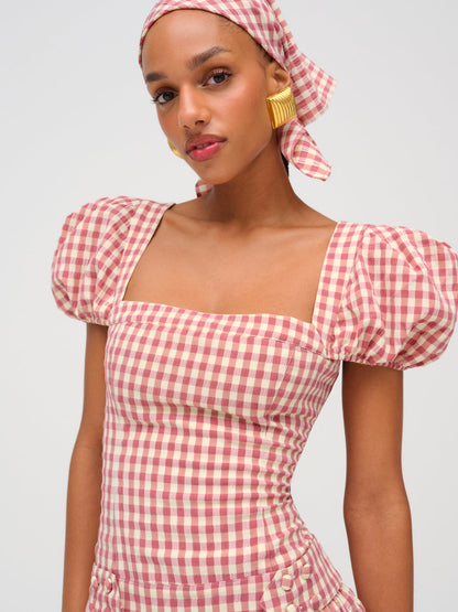 For Love and Lemons - Georgia Gingham Short Sleeve Mini Dress - Mauve