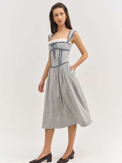 For Love and Lemons - Linen Stripe Midi Dress - Blue