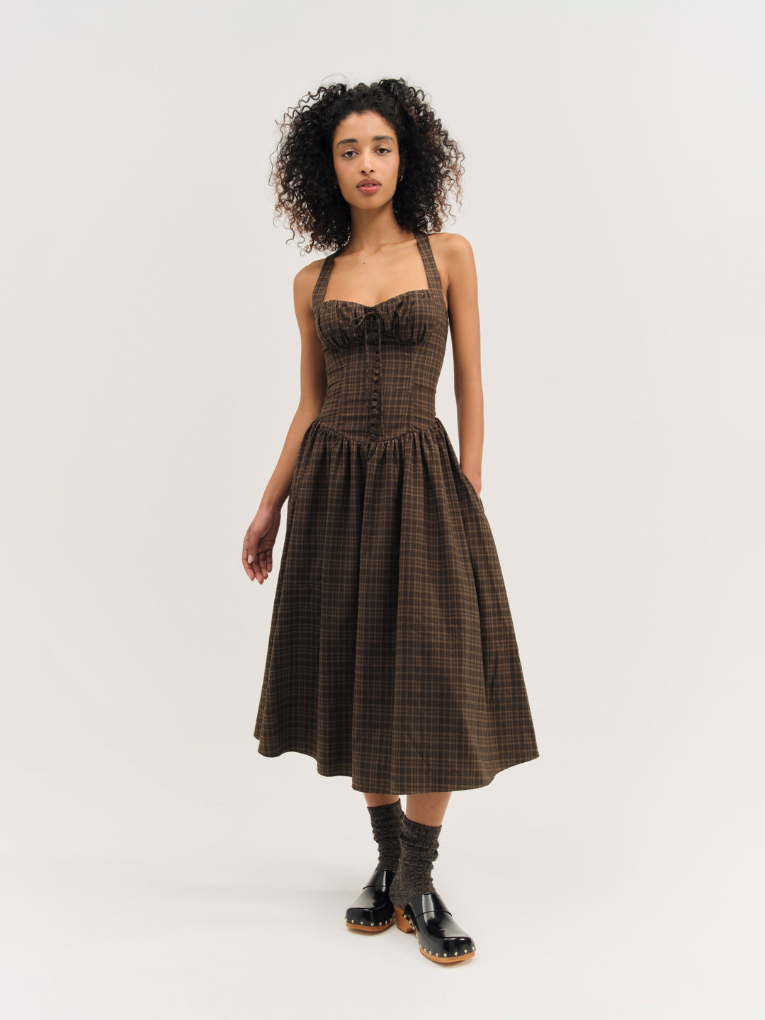 For Love and Lemons - University Plaid Midi Dress - Brown