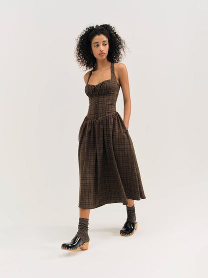 For Love and Lemons - University Plaid Midi Dress - Brown