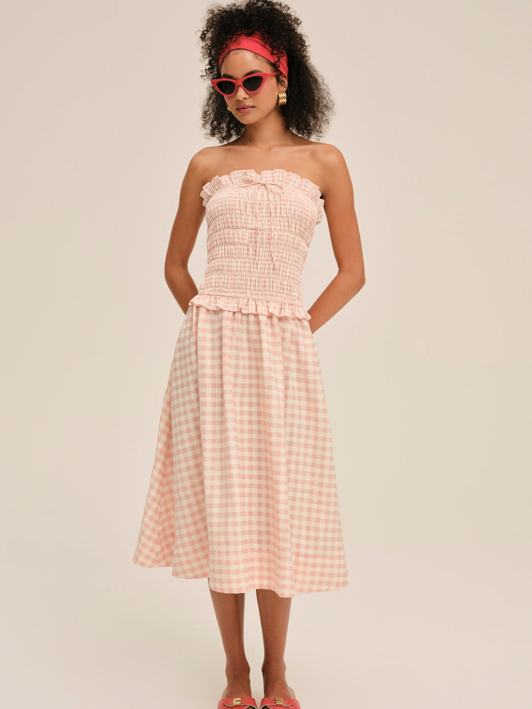 For Love and Lemons - Petal Gingham Midi Dress - Peach