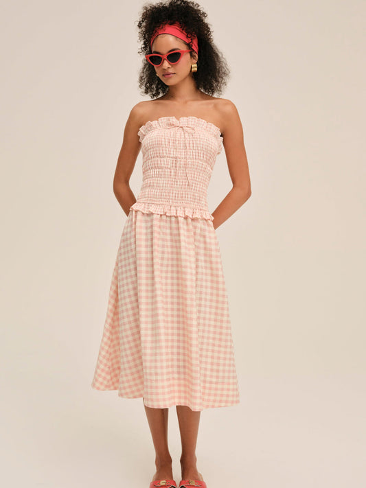 For Love and Lemons - Petal Gingham Midi Dress - Peach